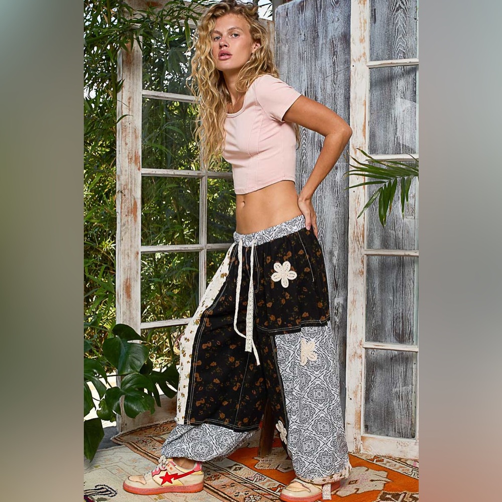 Pol “ Bloom + Loom Pants “ Patchwork Joggers Blac… - image 2